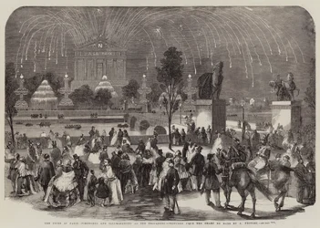 Fety w Paryżu, fajerwerki i iluminacje na Trocadero, szkicowane z Champ de Mars